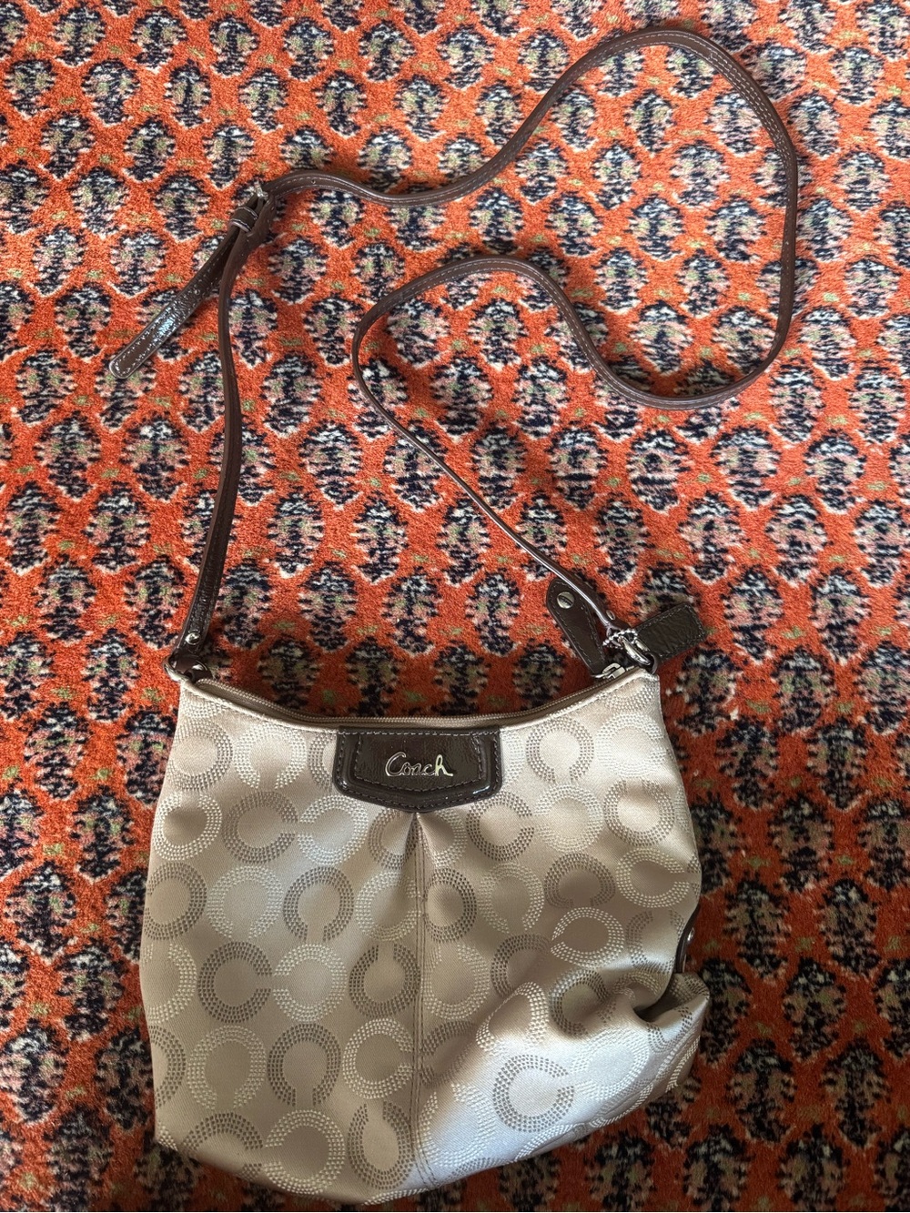Coach Signature Small Crossbody in Light Beige with Brown Trim